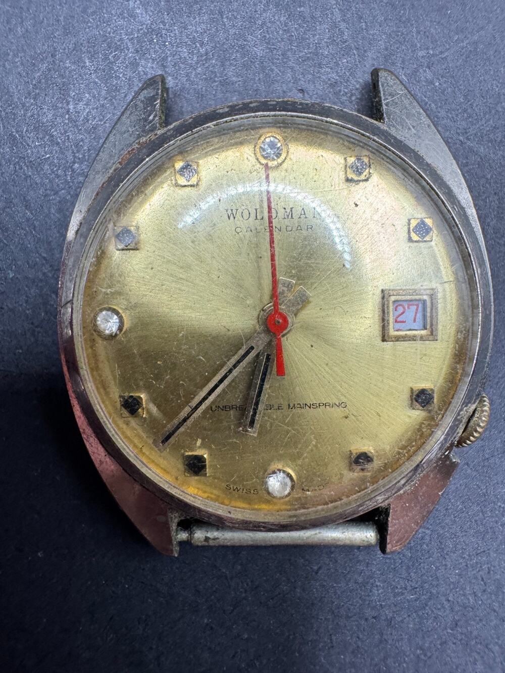 Vintage Woldman Calendar Men's Watch Swiss Made Diamond Accent Gold Tone